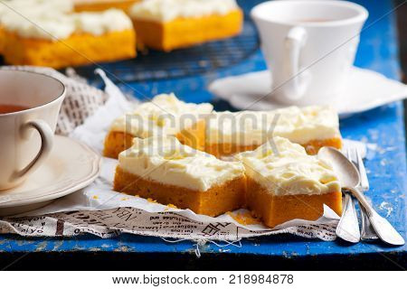 Pumpkin Bars with cream cheese fristing.selective focus