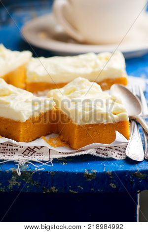 Pumpkin Bars with cream cheese fristing.selective focus