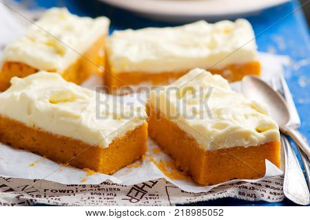 Pumpkin Bars with cream cheese fristing.selective focus