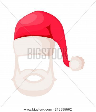 Santa Claus hat with beard and moustaches isolated on white. Winter fur woolen cap with artificial man beard. Father Christmas hat for masquerade. Flat icon winter accessory in cartoon style vector
