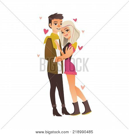 Vector young couple in love dating at valentine s day. Cartoon beautiful characters in casual clothing hugging, embrasing expressing care, positive emotions. Isolated illustration, white background