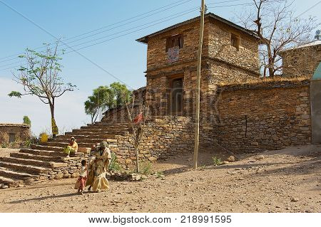 YEHA, ETHIOPIA - JANUARY 25, 2010: Exterior of the entrance to the Yeha temple (Temple of the Moon) in Yeha, Ethiopia. Yeha temple is one of the oldest standing in Ethiopia.