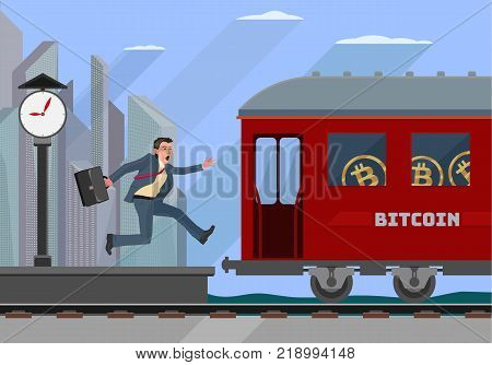 young business man tries to jump into a departing bitcoin train