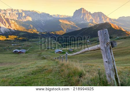 Gardena valley wonderful Seceda peak the Odle mountain range in the Dolomites at sunset in Italy