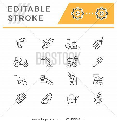 Set line icons of garden equipment isolated on white. Editable stroke. Vector illustration