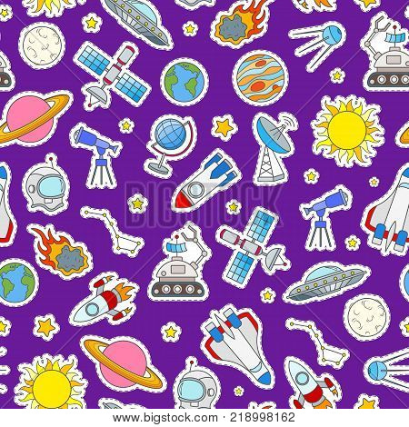 Seamless pattern on the theme of space and space travel color patch icons on purple background
