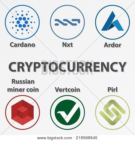 Set of 6 crypto currency coin. Golden cardano nxt ardor vertcoin pirl and russian miner coin