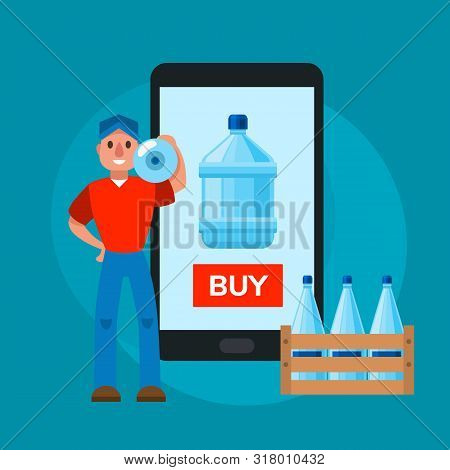 Water Delivery Service Man And Phone Order Vector Illustration. Company For Mobile Water Delievery. 