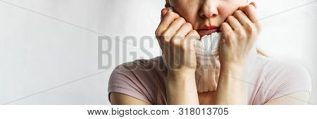 Lower Part Part Of Woman Face With Red Bubbles Of Virus Herpes On Her Lips She Tries To Hide It Unde
