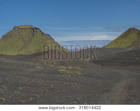 Panoramic View On Green Hattafell Mountain In Volcanic Landscape Behind Emstrur Camping Site On Laug