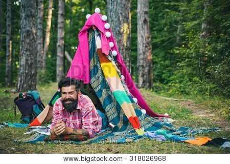 Camping And Tent Near Beautiful Sunlight In The Morning. Hovel Decorated Party. Summer Camp. Camping
