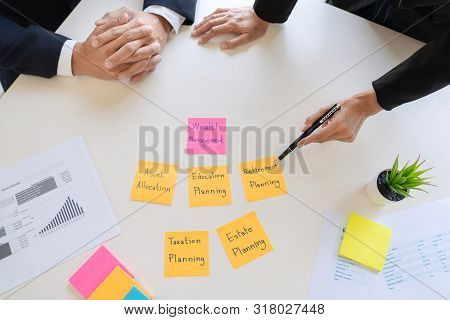 Wealth Management Concept, Business Man And Team Analyzing Financial Statement For Planning Financia