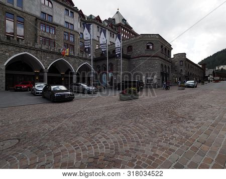 St. Moritz, Switzerland On August 2018: Famous Badrutts Palace Hotel Building In European City Cente
