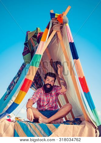 Homemade Tent - Hut. Cozy Play Tent For Man On Nature Over Sky Background - Isolated. Morning Landsc