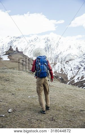 Hiker With Traditional Papakha Fur Hat At Mtskheta-mtianeti Region In Georgia