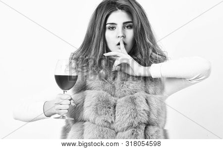 Girl Fashion Makeup Wear Fur Coat Hold Wine Glass. Alcohol And Cold Weather. Woman Enjoy Wine. Hedon