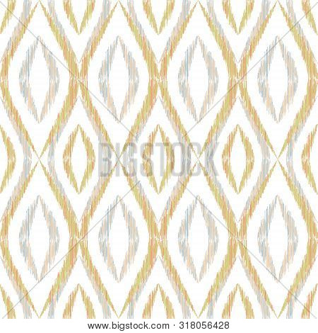 Ikat Ogee Seamless Vector Pattern Design. Ethnic Fabric Print Geometric Ikat Pattern. Wavy Ogee Seam