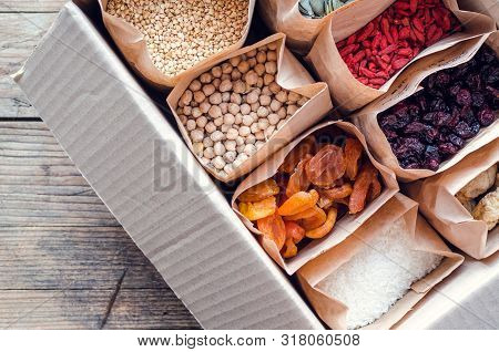 Zero Waste Delivery Concept. Eco-friendly Packing. Paper Bags With Organic Food, Zero Waste Shopping