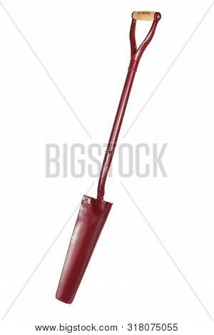 A Red Steel Draining Myd Shovel Inclined On White Background With Clipping Path