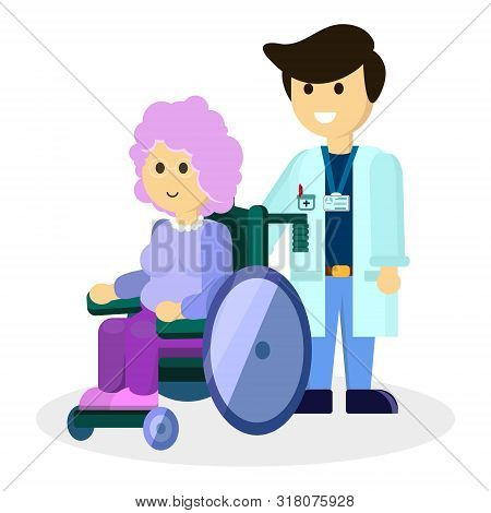 Cute Smile Doctor, Sweet Grandmother, Grany In Carriage Rejoice. Medical Assistance Social Support. 