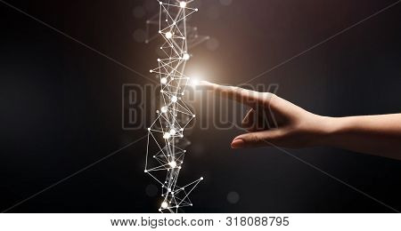 Modern Technology. Woman Finger Choosing Point On Flying Network On Black Background, Panorama, Copy