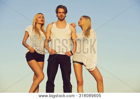Girl And Women With Boyfriend Outdoor. Love And Romance. Beauty And Fashion. Blonde And Guy With Ath