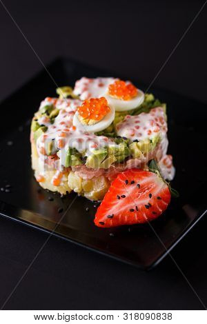 Round Salad Made Of Red Fish Potato And Avocado