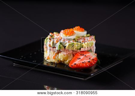 Round Salad Made Of Red Fish Potato And Avocado