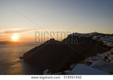 Sunset Behind Skaros Rock In Santorini; Greece