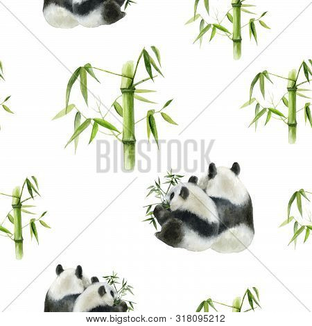 Panda Bear Drawn Watercolor Illustration. Seamless Pattern.
