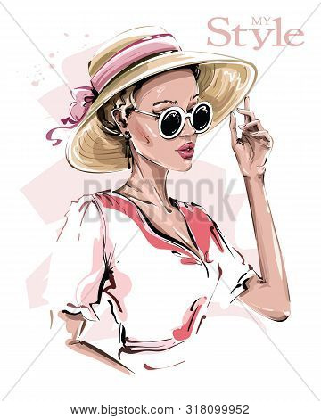 Hand Drawn Beautiful Young Woman In Hat. Stylish Girl In Sunglasses. Fashion Woman Look. Sketch. Vec
