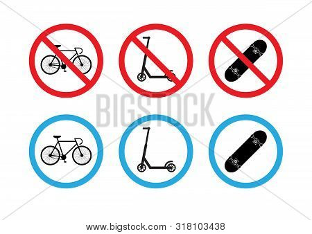 Vector Flat Set Collection Of Road Signs With Scooter, Skateboard And Bicycle Isolated On White Back