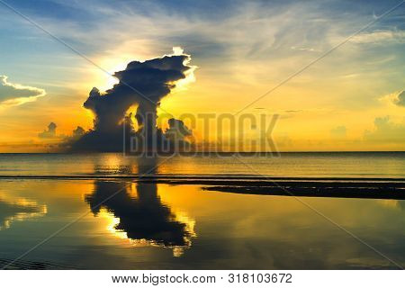 Sunrise On Beach Beautiful At Ban Krut Beach, In Prachap Kirikhun Province Thailand Is Famous For Tr