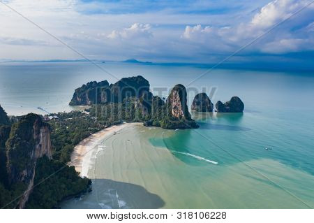 Travel vacation background - Aerial view of Railay beach, one of the most famousm, luxurious beach of Krabi, Thailand.