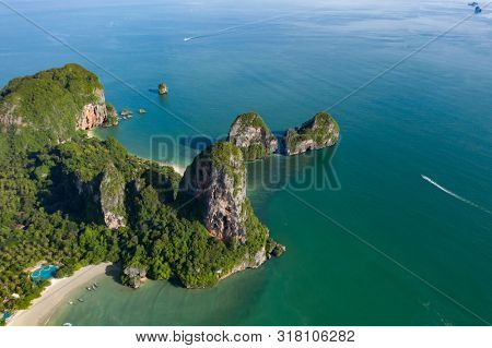 Travel vacation background - Aerial view of Railay beach, one of the most famousm, luxurious beach of Krabi, Thailand.