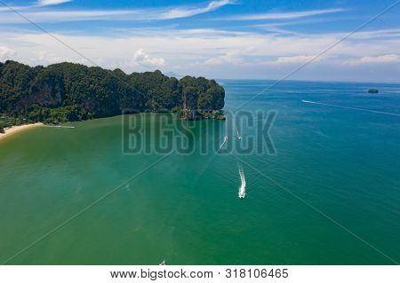 Travel vacation background - Aerial view of Railay beach, one of the most famousm, luxurious beach of Krabi, Thailand.