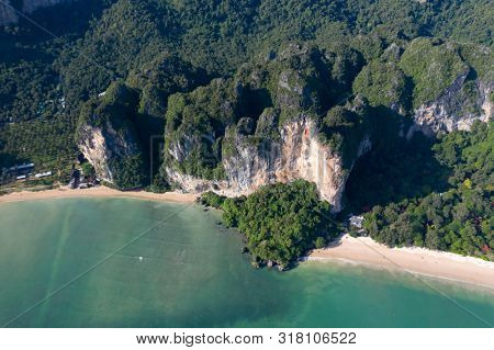 Travel vacation background - Aerial view of Railay beach, one of the most famousm, luxurious beach of Krabi, Thailand.