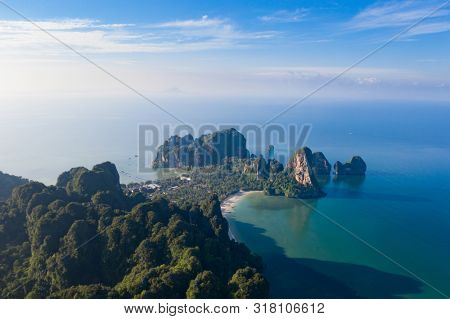 Travel vacation background - Aerial view of Railay beach, one of the most famousm, luxurious beach of Krabi, Thailand.
