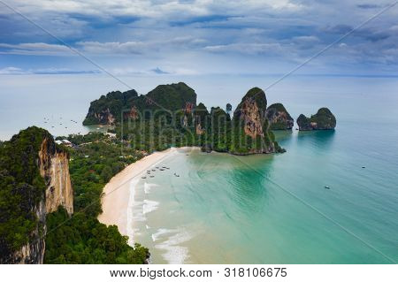 Travel vacation background - Aerial view of Railay beach, one of the most famousm, luxurious beach of Krabi, Thailand.