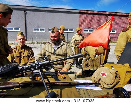 Kaliningrad, Russia - August 13, 2019: Celebration Of The 100th Anniversary Of Devau Airport, Men In