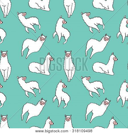 Seamless Pattern With Cute Hand Drawn Lamas Isolated On Green Background. Repeated Ornament With Ran