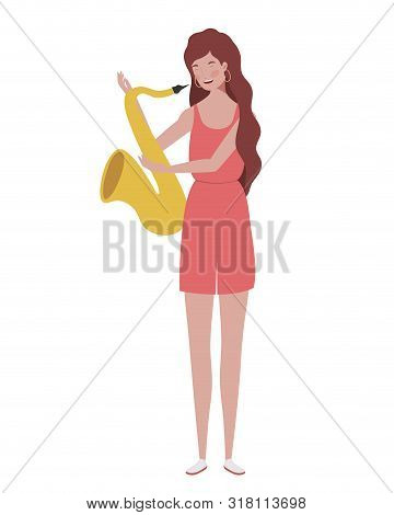 Young Woman With Saxophone On White Background Vector Illustration Design