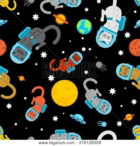 Cat Astronaut Space Pattern Seamless. Pet Spaceman Background. Kitty Cosmonaut Costume. Universe Bab