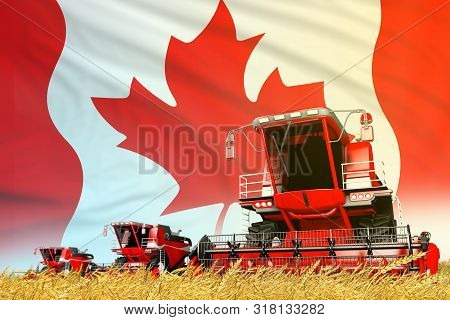 Red Grain Agricultural Combine Harvester On Field With Canada Flag Background, Food Industry Concept