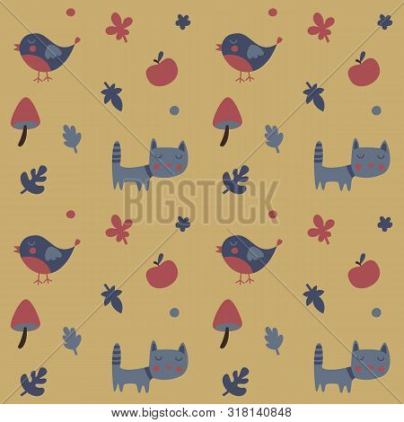 Seamless Cute Animal Autumn Pattern Made With Cat, Bird, Flower, Plant, Leaf, Cherry