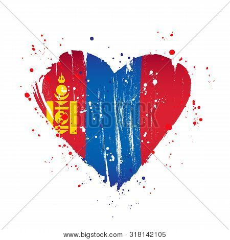 Mongolian Flag In The Form Of A Big Heart. Vector Illustration On A White Background. Brush Strokes 