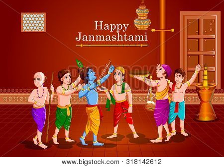 Lord Krishna Eating Makhan Cream On Happy Janmashtami Holiday Indian Festival Greeting Background