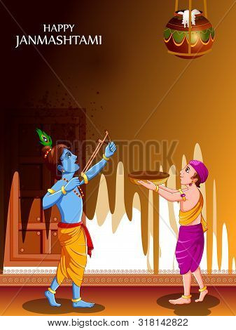 Lord Krishna Eating Makhan Cream On Happy Janmashtami Holiday Indian Festival Greeting Background
