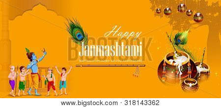 Lord Krishna Eating Makhan Cream On Happy Janmashtami Holiday Indian Festival Greeting Background