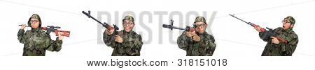 Military man with a gun isolated on white